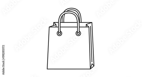 Simple black and white line drawing of a paper shopping bag with two round handles representing retail commerce and consumerism.