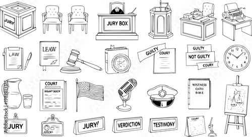 Legal Courtroom and Justice Icons: Jury Box, Gavel, Scales, Bible, Law Documents