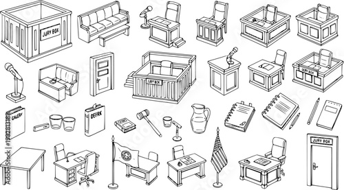 Collection of Courtroom and Legal Icons: Jury Box, Gavel, Desk, Flag, and More