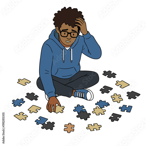 A young boy sits on the floor with a puzzled expression trying to solve a jigsaw puzzle with scattered pieces around him.