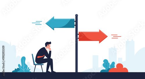 Thoughtful businessman sits on a chair contemplating his next move between two directional arrows pointing in opposite ways.