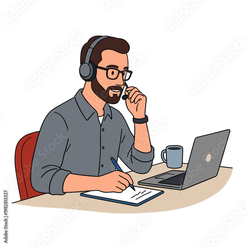 Man works on laptop while on phone call at office desk