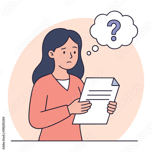 Woman examines document with puzzled expression and questioning thought bubble