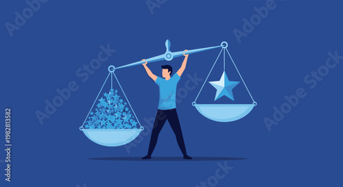 Strong man holds up a balance scale with many small blue stars on one side and one giant star on the other representing quality.