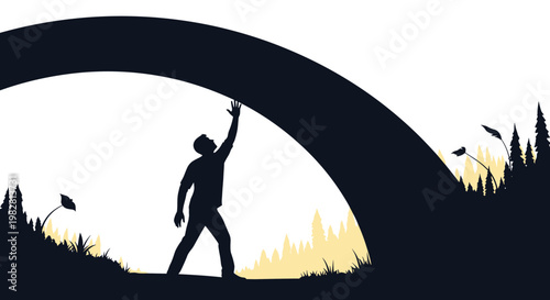 Silhouette of a man reaches his hand up towards a massive black arch against a light sky and forest representing new connection.