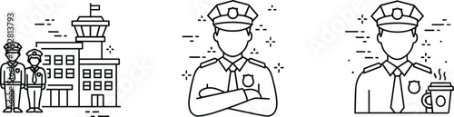 Airport Security and Police Icon Set with Officers, Control Tower, and Law Enforcement Symbols for Websites, Apps, and Travel Designs