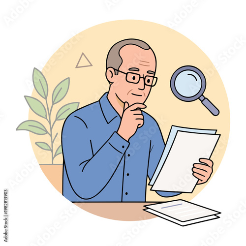A man examines documents with a magnifying glass in hand