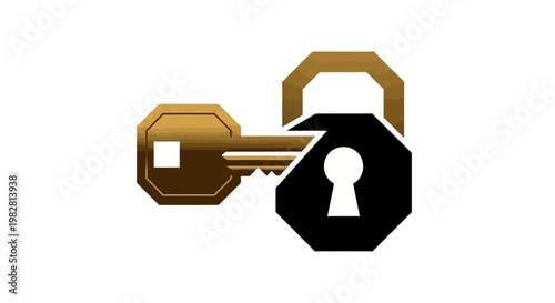 Golden key unlocking black padlock icon on white background