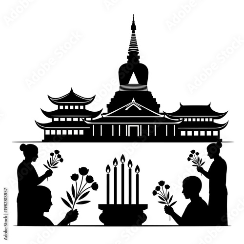 Buddha Purnima Temple Offering Scene Black Minimal Vector Illustration