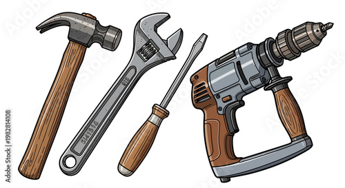 Hammer wrench screwdriver and power drill hand tools collection
