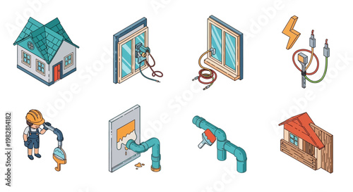 Isometric illustrations of home construction, repair, and utility services