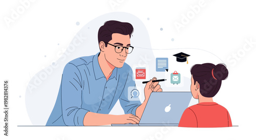 Teacher guiding student with laptop, educational icons floating above