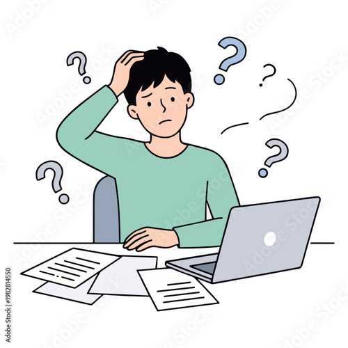 Man sitting at desk with laptop and papers looking confused