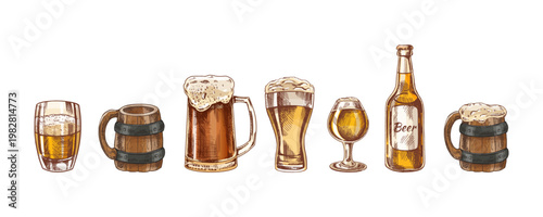 Hand drawn vintage sketch set of beer glasses mugs bottle and can isolated illustration in warm golden tones