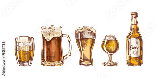 Hand drawn vintage sketch set of various beer glasses and bottle isolated illustration in warm golden tones