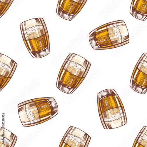 Hand drawn vintage seamless pattern of beer glass with foam illustration in warm golden color tones