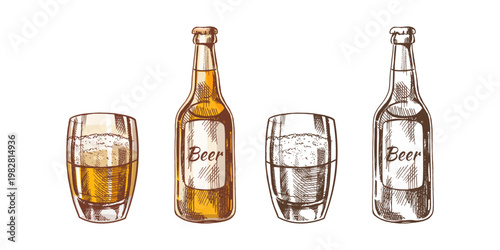 Hand drawn vintage sketch set of beer bottle and glass in color and monochrome isolated illustration
