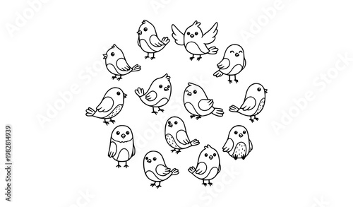 Cute bird doodle vector set with hand drawn cartoon birds in black and white outline style