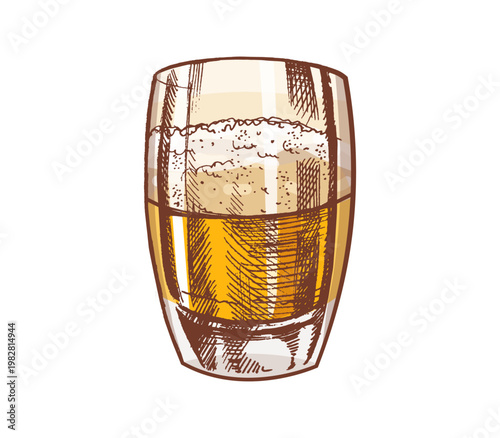 Hand drawn vintage sketch of beer glass with foam isolated illustration in warm golden color tones