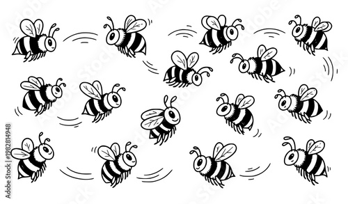 Playful doodle bee vector set with hand drawn cartoon bees in black and white outline style