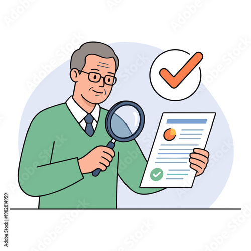An elderly man examines a document with a magnifying glass and finds it correct.