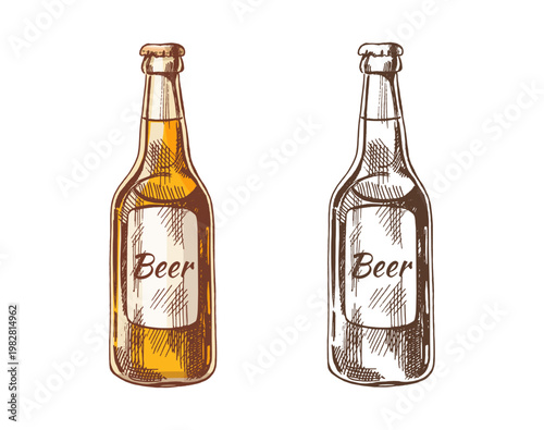 Hand drawn vintage sketch set of beer bottle with label and cap colored and monochrome illustration