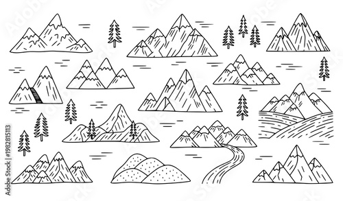 Playful mountain landscape doodle vector set with hand drawn nature icons in black and white