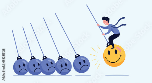 Positive energy businessman swinging on a smiley face pendulum to transform unhappy moods into joy and optimism.
