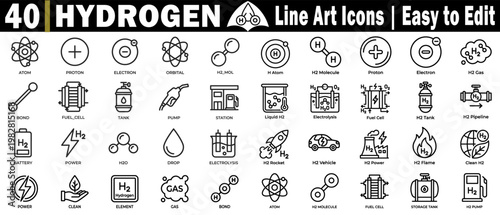 Collection of hydrogen-related icons set. Including H atom, H2 molecule, and fuel cell in line art for science and tech vector illustration.