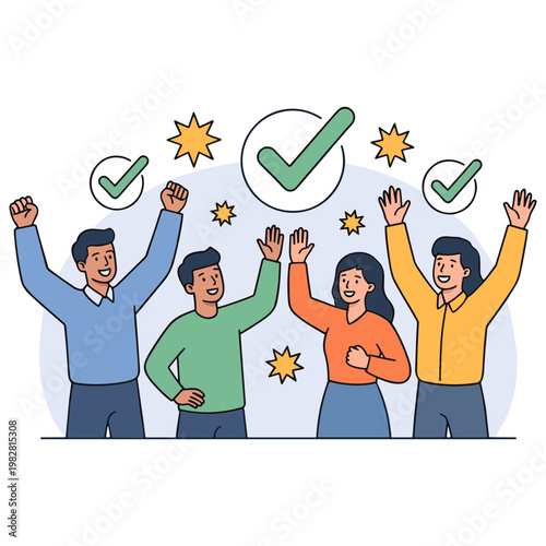 Four people celebrate with green checkmarks and yellow stars around them