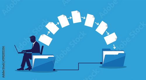 Busy professional office worker managing digital document transfers and organizing data into secure folders efficiently.