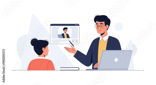 Online Education: Teacher teaching student via video call on laptop