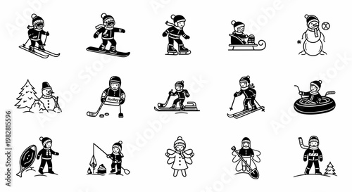 Winter sports kids icons set, skiing snowboarding sledding and winter activities