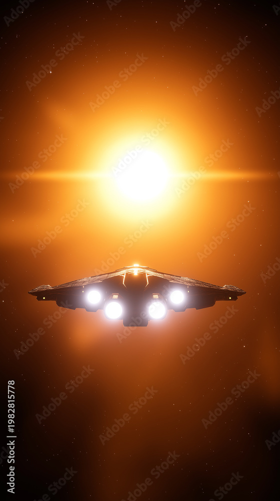 Fototapeta premium Spaceship flying toward a bright sun in outer space with dramatic lighting.