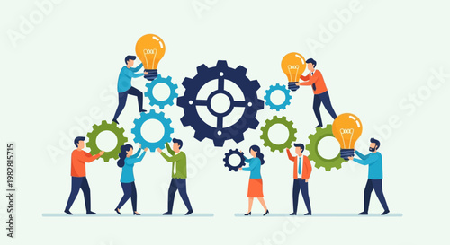 Teamwork and Innovation: People assembling gears and holding lightbulbs