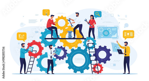 Teamwork and collaboration in business, gears working together, people building a project