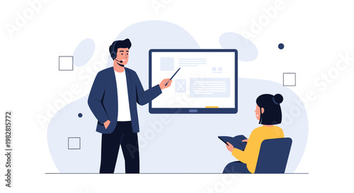 Online learning presentation: teacher with headset and student in classroom