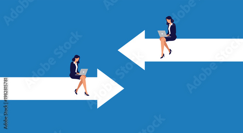 Two professional businesswomen sitting on large arrows pointing in opposite directions representing different career paths.