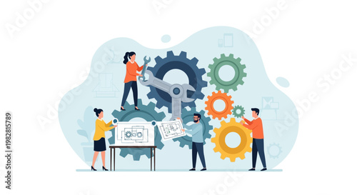 Teamwork and collaboration: people working together on a project with gears