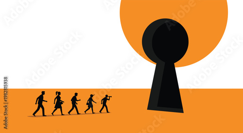 Group of small silhouettes walking toward a massive glowing keyhole on an orange landscape to find new opportunities.