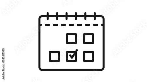 Minimalist calendar vector icon illustration with a checkmark on a specific date, representing scheduling, planning, appointments, deadlines, and organized time management on white background.