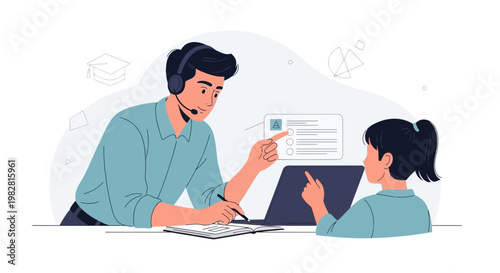 Online learning, man with headset teaching girl with laptop, virtual education concept