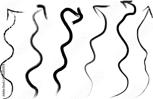 Set of hand drawn black ink grunge curly arrows and pointers