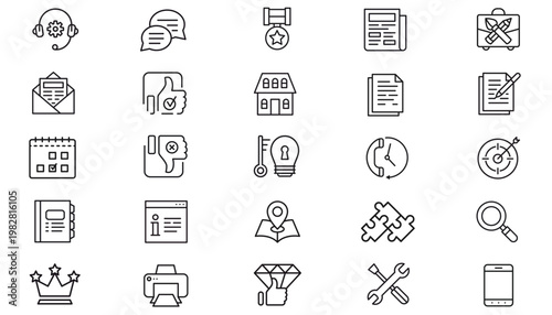 25 Vector Icon Set Bundle, Black Minimalist Line Art Symbols for Business, Web, and Office. Includes Newspaper, Mail, Support, House, Calendar, Target, Map, Tools, Search, Mobile, and Creative Icons.