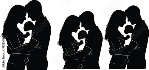 Family silhouette with baby, parents holding newborn child, love and care concept, motherhood parenting vector illustration isolated design