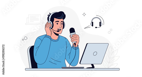 Podcaster Speaking into Microphone with Headphones and Laptop, Online Radio Host