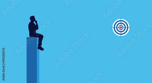 Determined businessman sitting on a high pillar while focusing intensely on a target to achieve his professional goals.
