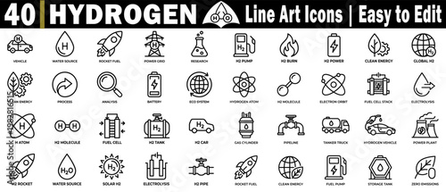 Various hydrogen line icons. Styles of H atoms, H2 molecules, and fuel cells for modern technology themes vector illustration.