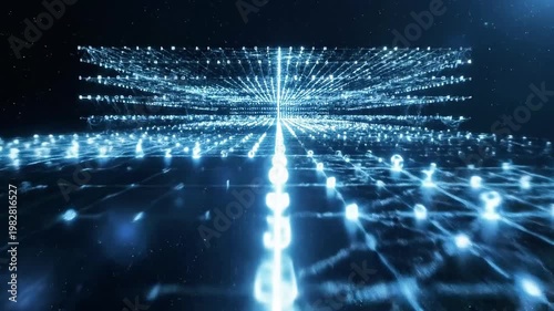 A futuristic digital landscape with glowing blue lines and nodes on a dark background