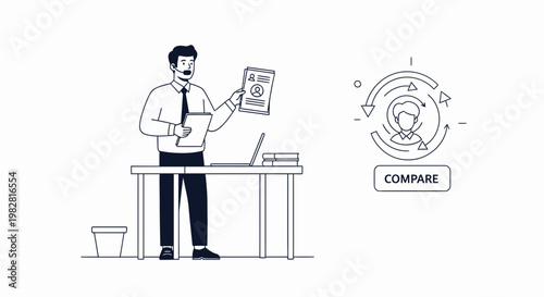 Recruiter holding resume, comparing candidates with workflow icon and laptop
